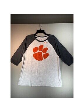 Nike Clemson Tigers Womens XXL Grey Raglan 3/4 Sleeve Paw Print Graphic T-Shirt